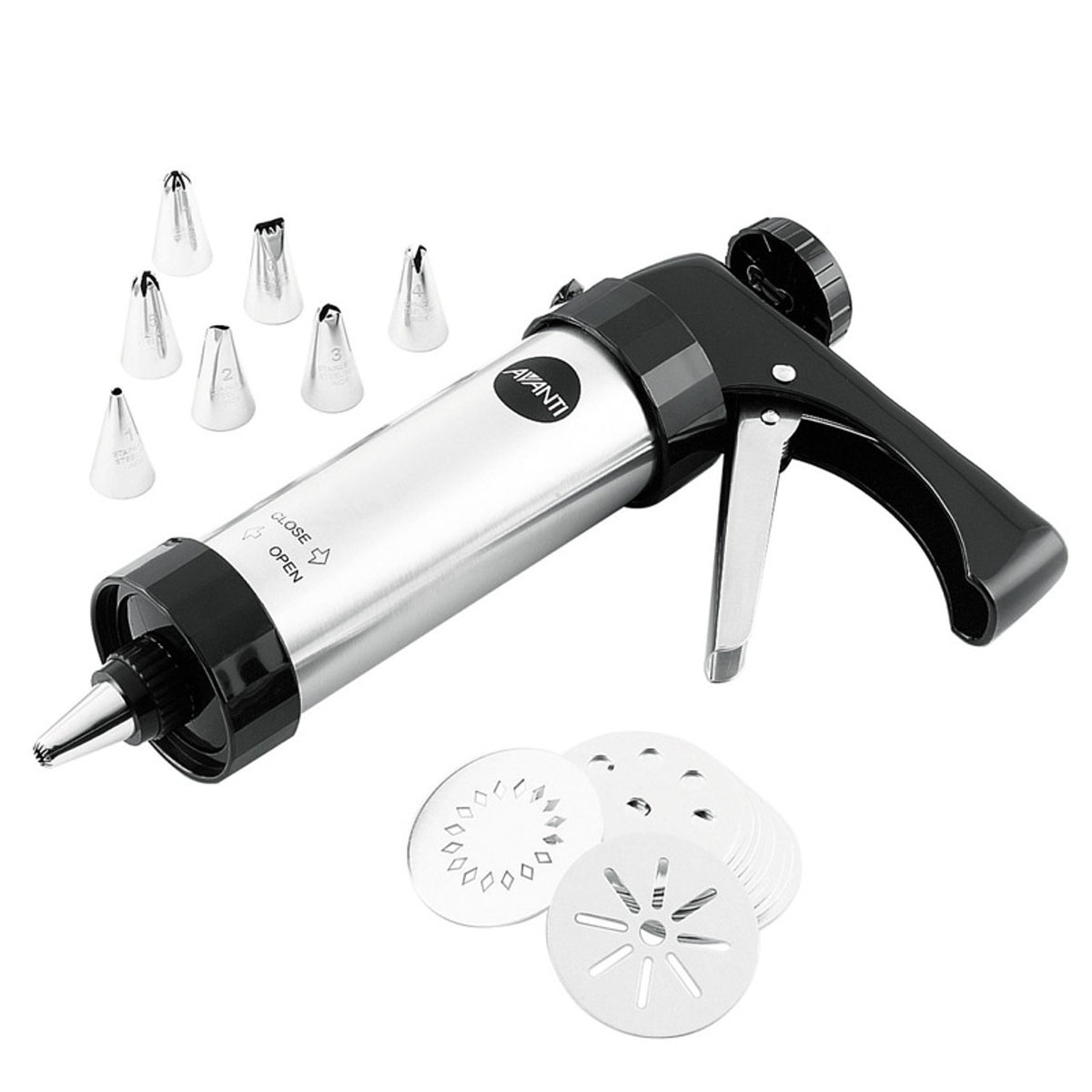 Avanti cookie press and icing set with a steel and black gun, decorating nozzles and shaped discs