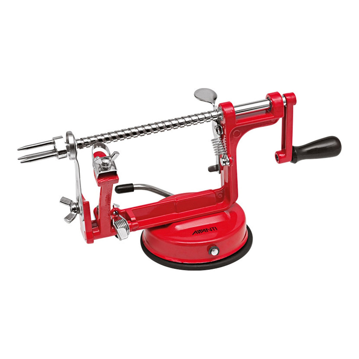 Avanti apple peeling machine in red with a suction base, a crank handle and a corer