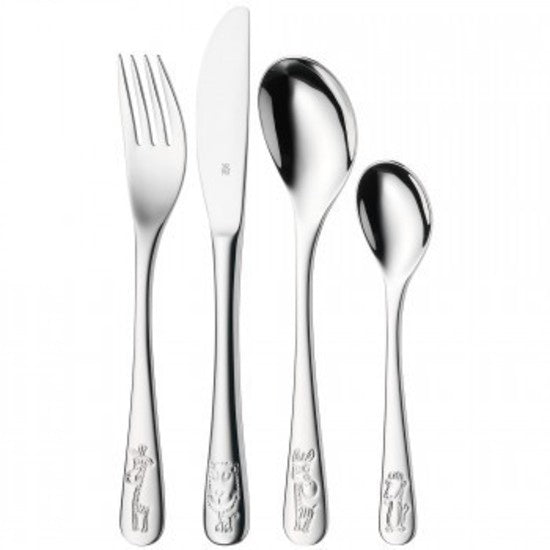 WMF children's cutlery set, four stainless steel pieces engraved with animal figures