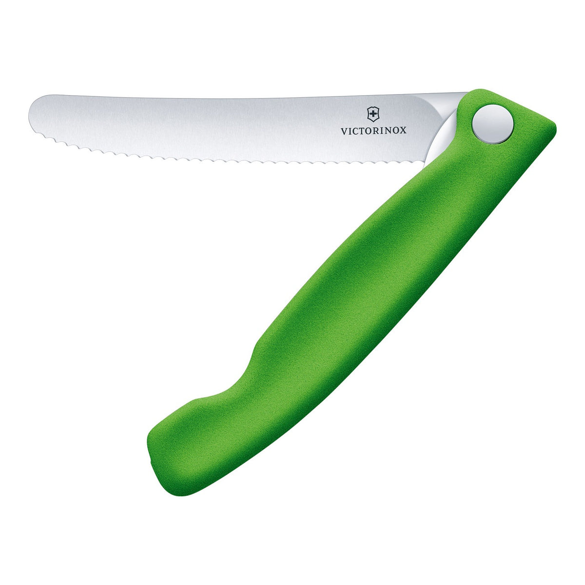 Victorinox Swiss Classic foldable paring knife with a green handle and a serrated blade