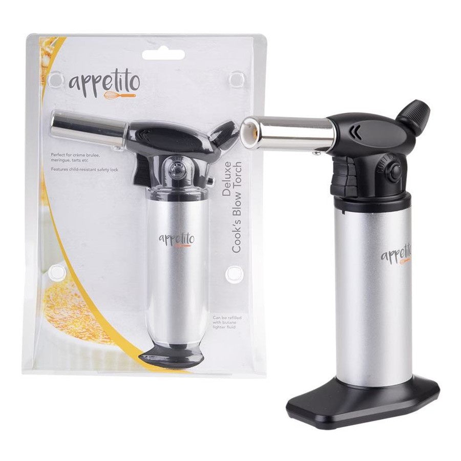 Appetito deluxe cook's blow torch with a metal body, shown on its retail card