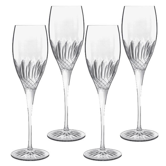 Luigi Bormioli Diamante Prosecco set of four crystal flutes with a fan-cut pattern on the bowls