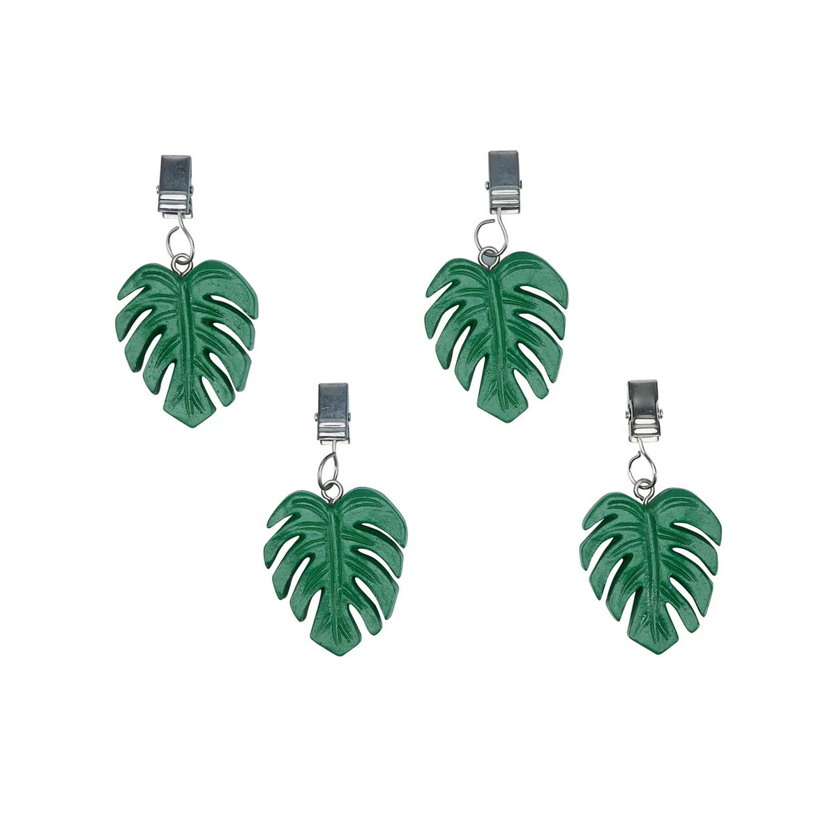 Alfresco Lane tablecloth weights, a set of four green monstera leaf-shaped clips