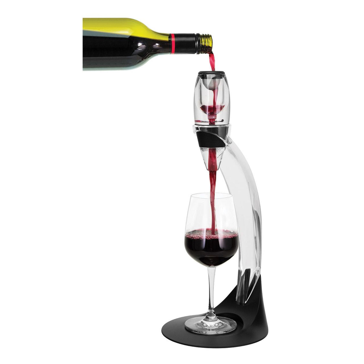 Avanti Deluxe wine aerator set with a tower aerator on a black stand pouring red wine into a glass