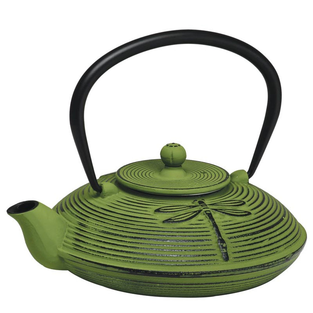 Teaology cast iron teapot in green with a dragonfly design and a black handle