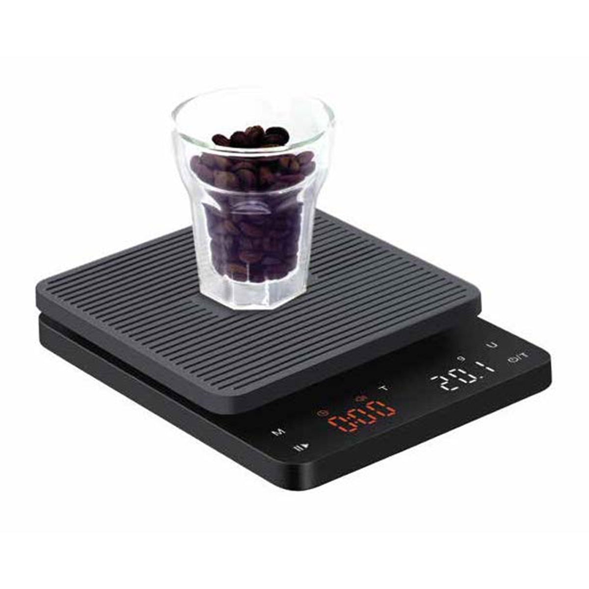 Avanti digital coffee scale in black with a timer, shown with a glass of coffee beans