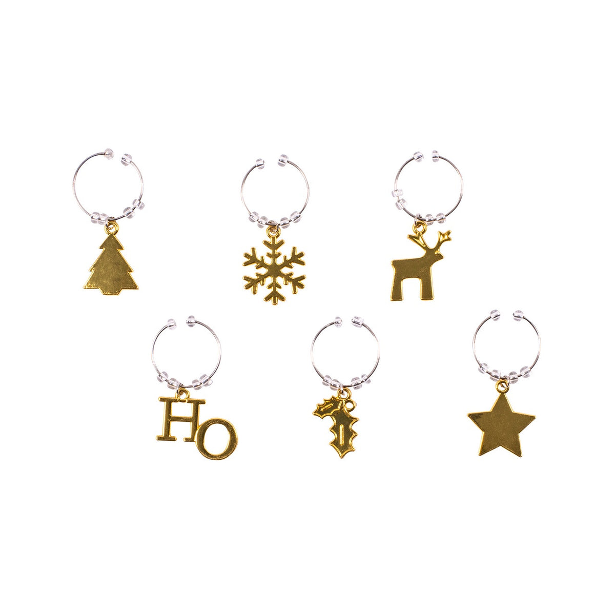 Avanti golden Christmas wine charms, six gold charms shaped like a tree, snowflake, reindeer, HO, holly and star
