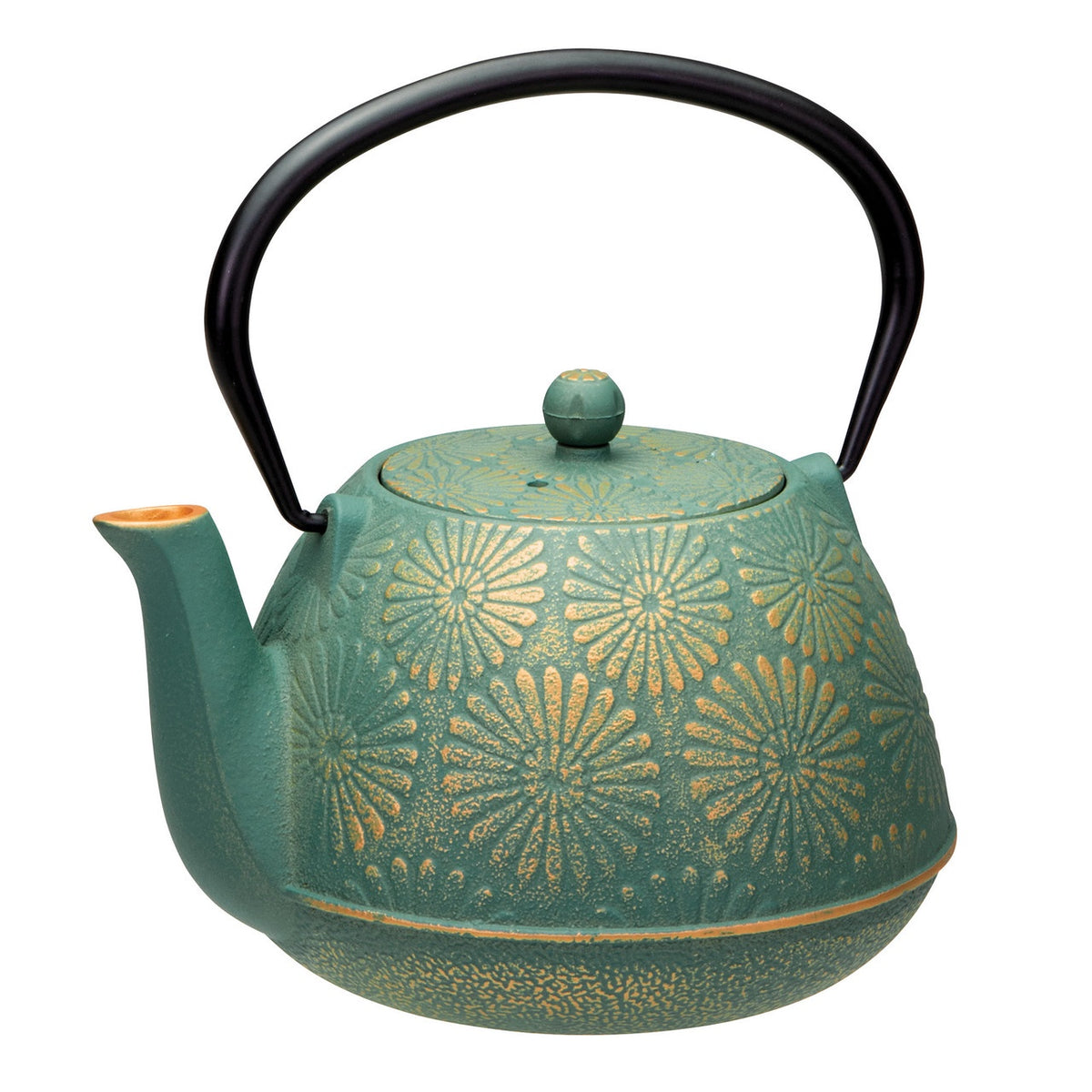 Avanti cast iron teapot in green-teal with a gold daisy pattern and a black handle
