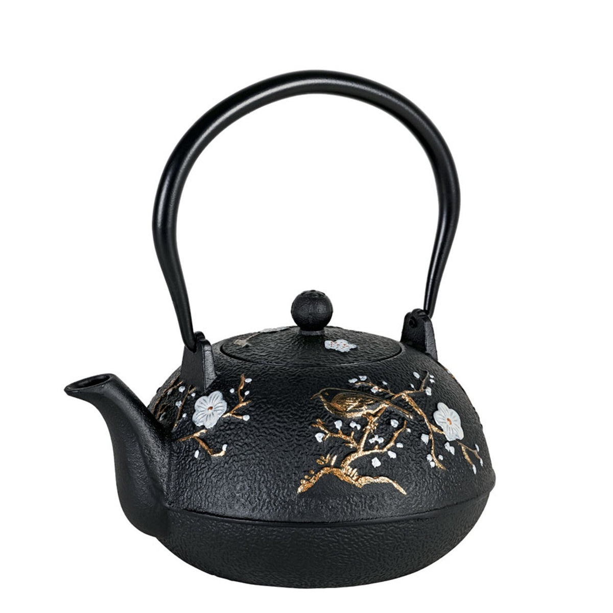 Avanti cast iron teapot with a Cherry Blossom branch and bird design in black