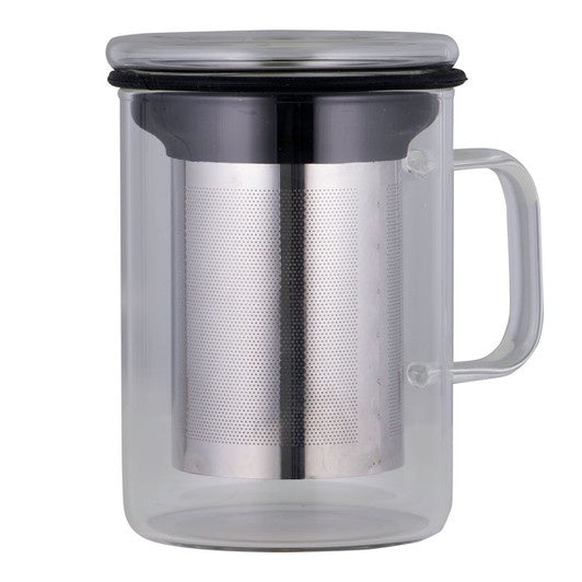 Avanti glass tea mug with a stainless steel infuser and a lid, with a black rim