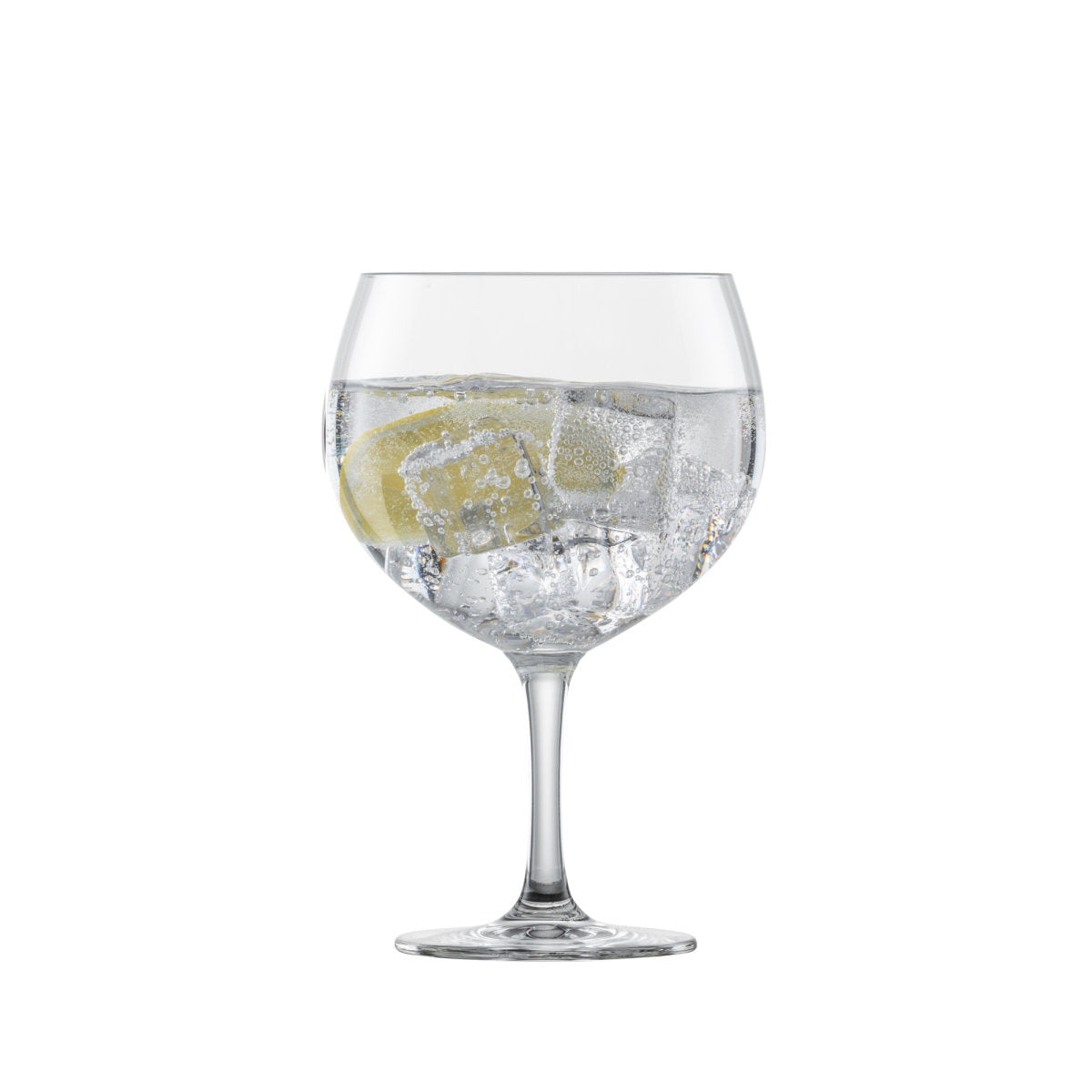 Schott Zwiesel Bar gin and tonic glass, a balloon glass filled with gin, tonic, ice and lemon