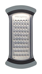 Microplane bowl grater with a stainless steel plate and a grey and black rim