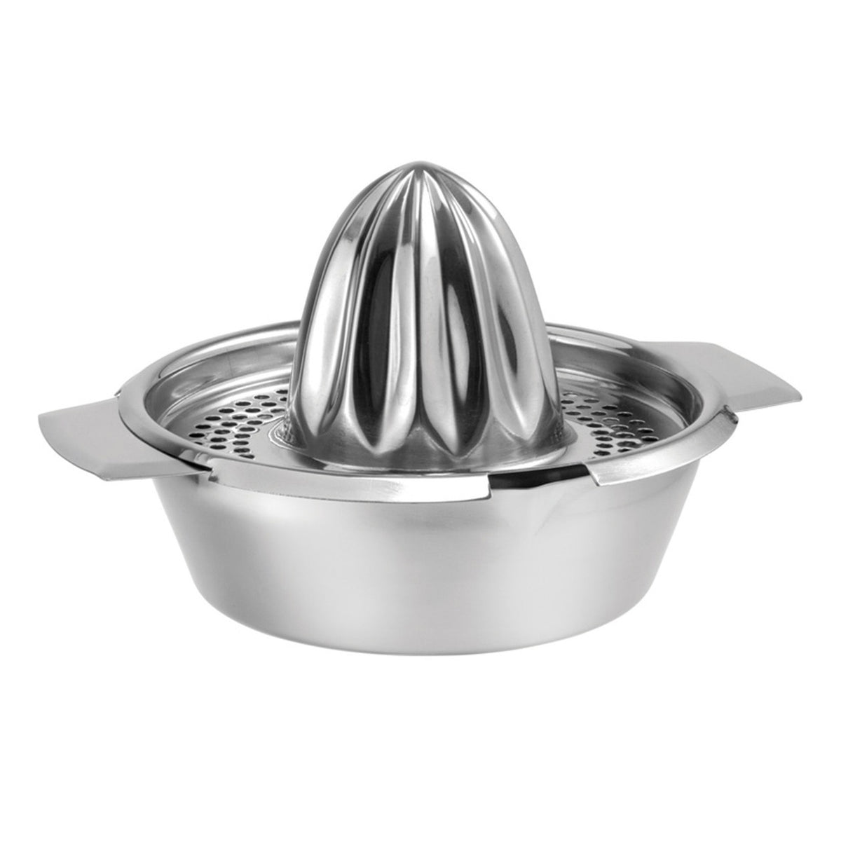 Avanti Lifestyle stainless steel orange juicer with a reamer cone, a strainer and two side handles