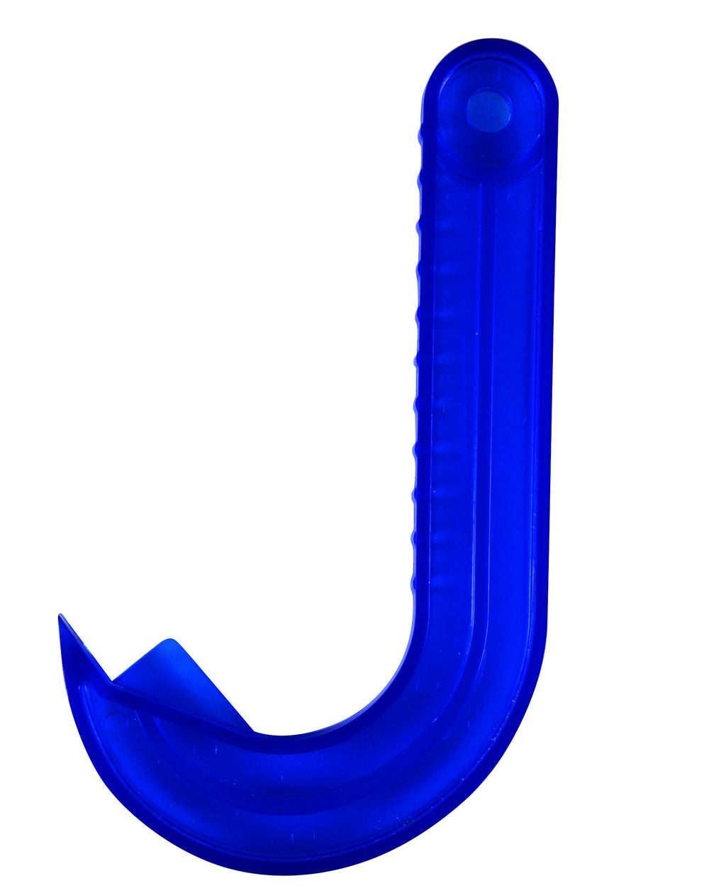Avanti ring-pull can opener, a blue J-shaped plastic tool with a hook end
