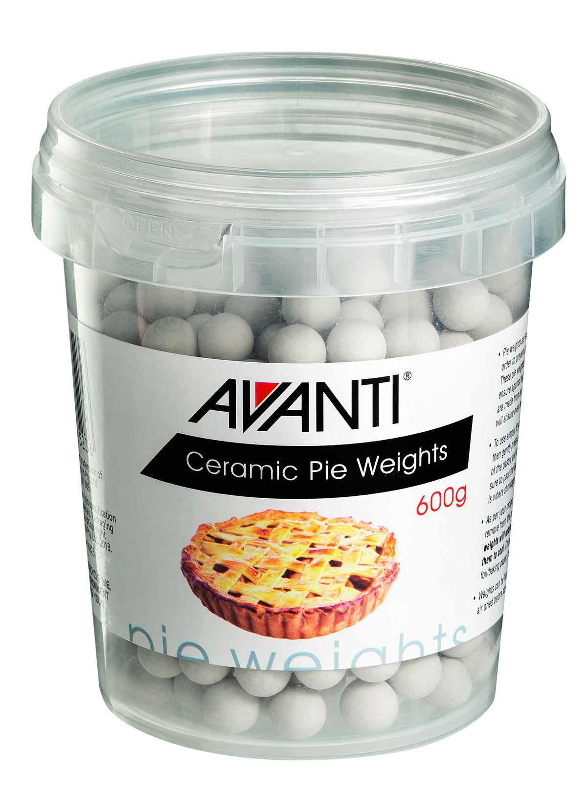 Avanti ceramic pie weights, 600g, in a clear tub with a printed label