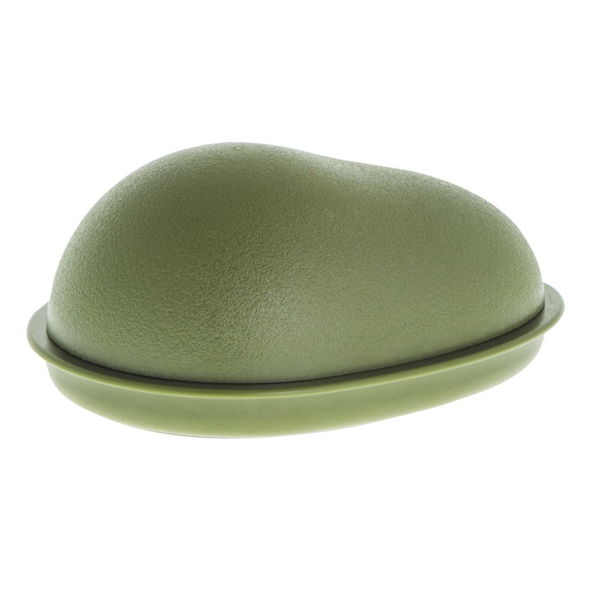 Avanti avocado saver in olive green, shaped like an avocado half