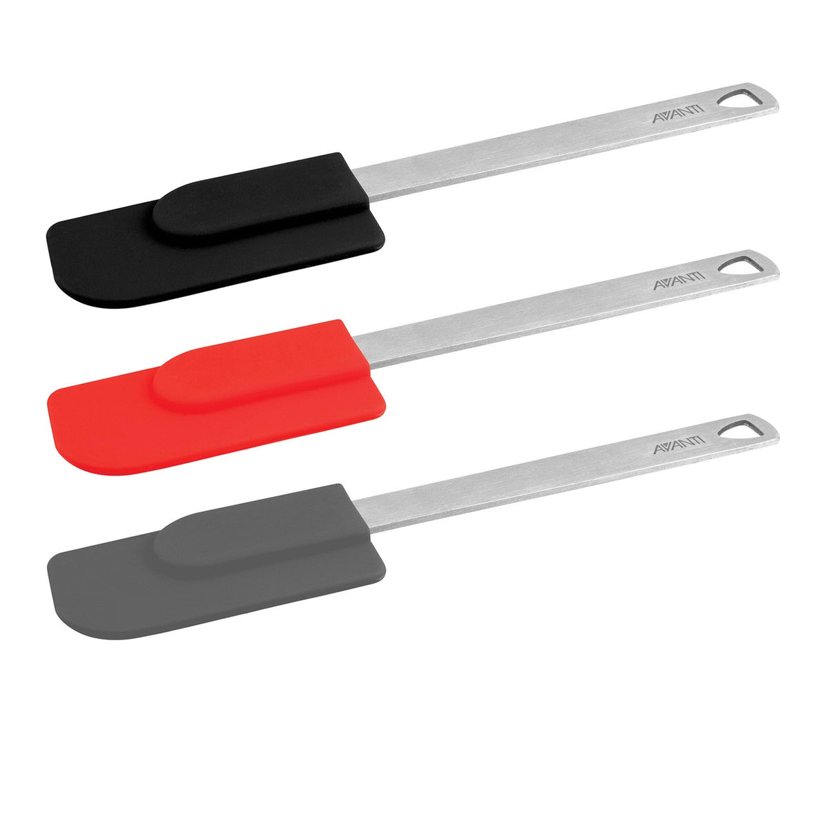 Avanti mini silicone spatulas in black, red and grey with steel handles