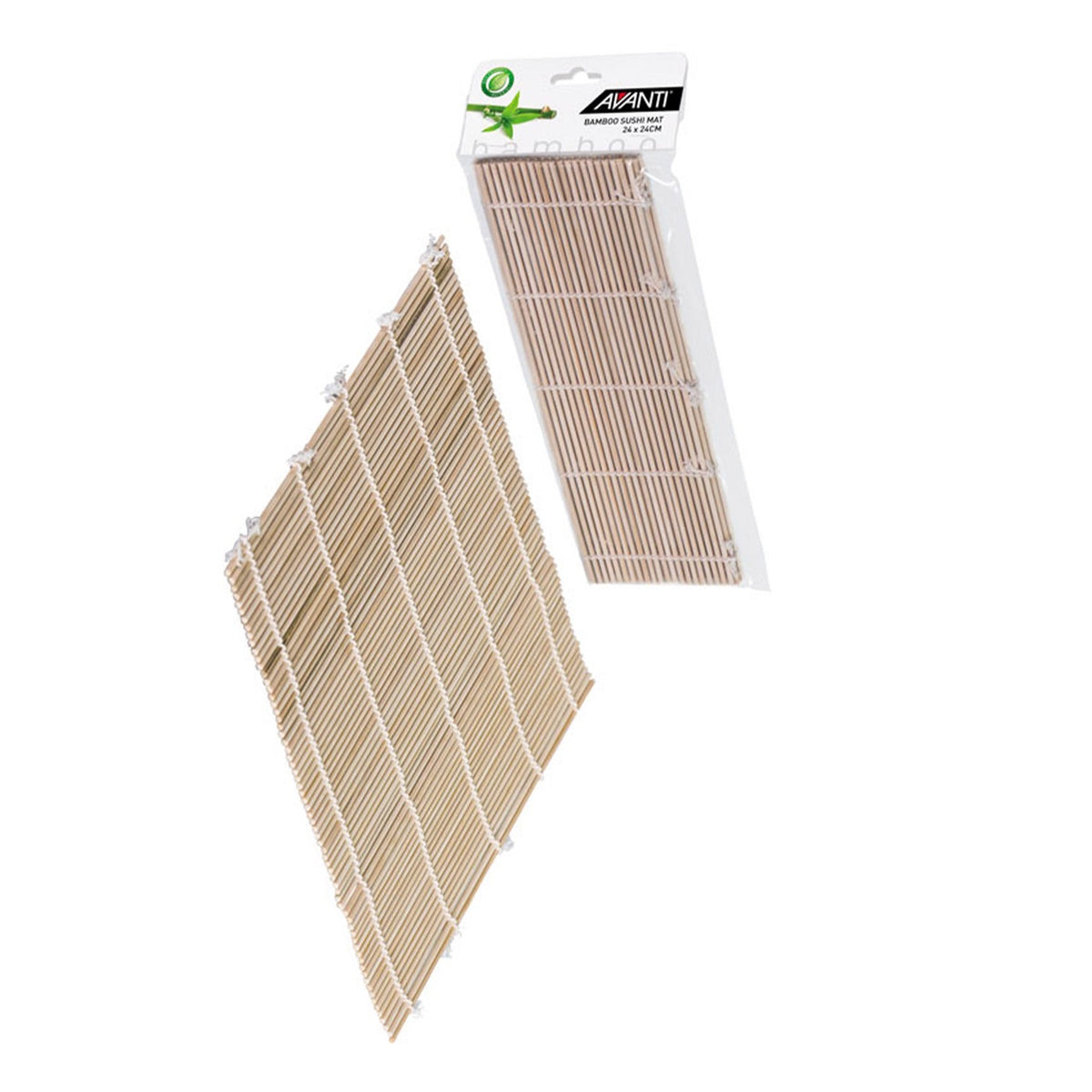 Avanti bamboo sushi mat, a rolled natural bamboo mat shown with its retail sleeve