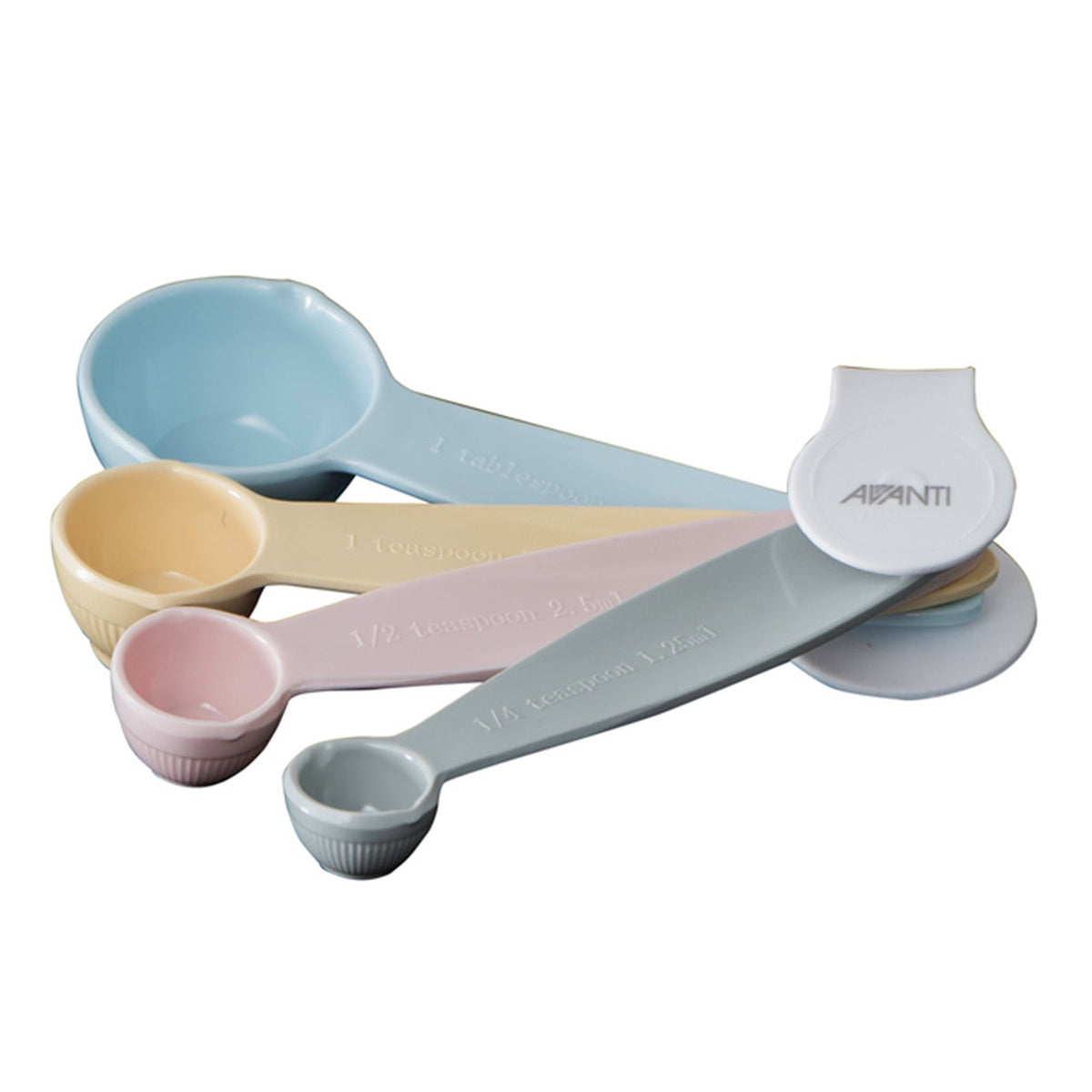 Avanti ribbed measuring spoons in pastel blue, yellow, pink and grey