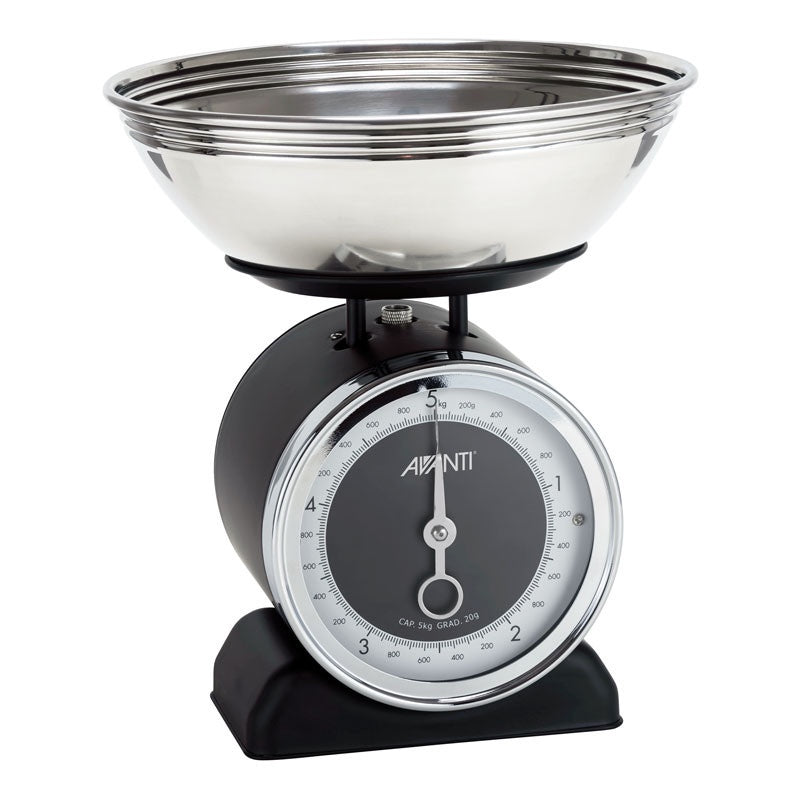 Avanti vintage mechanical kitchen scales in black with a stainless steel bowl and a dial