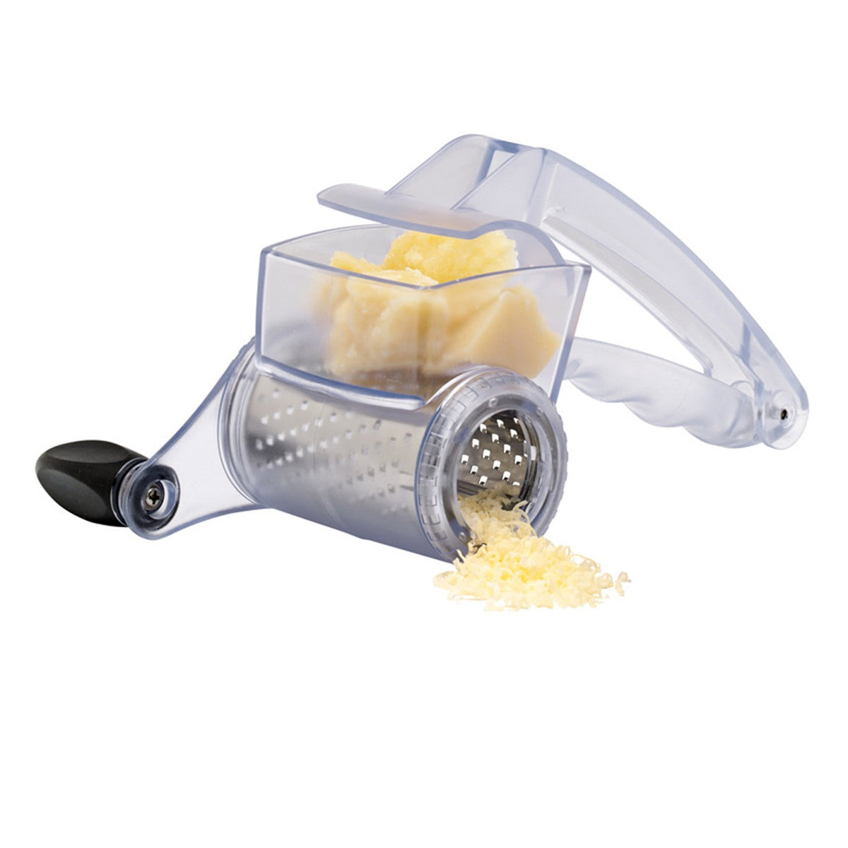 Avanti rotary drum grater in clear plastic with a black crank handle, grating cheese