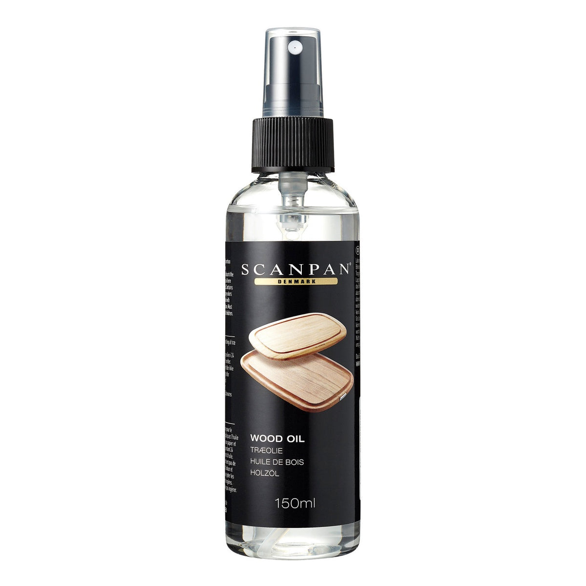 Scanpan wood oil, 150ml, in a black spray bottle