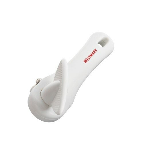 Westmark can opener in white with an ergonomic grip handle
