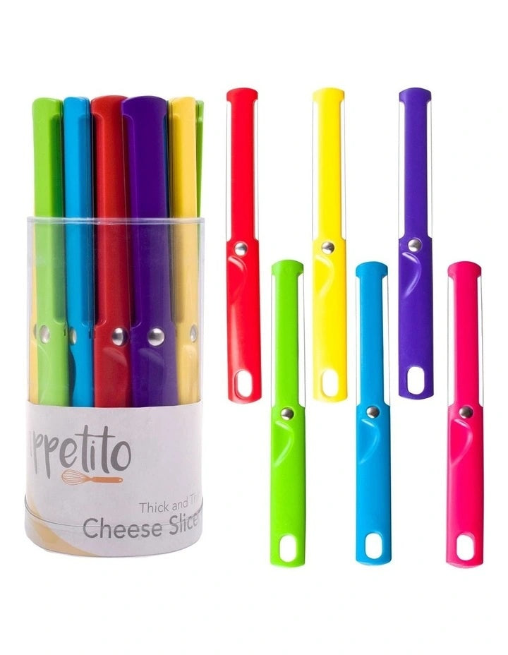 Appetito cheese slicers in assorted rainbow colours, a set of eight in a cylindrical tube