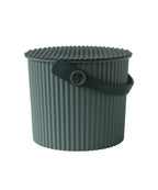 Hachiman Super Bucket in khaki green with a ribbed body, a lid and a strap handle