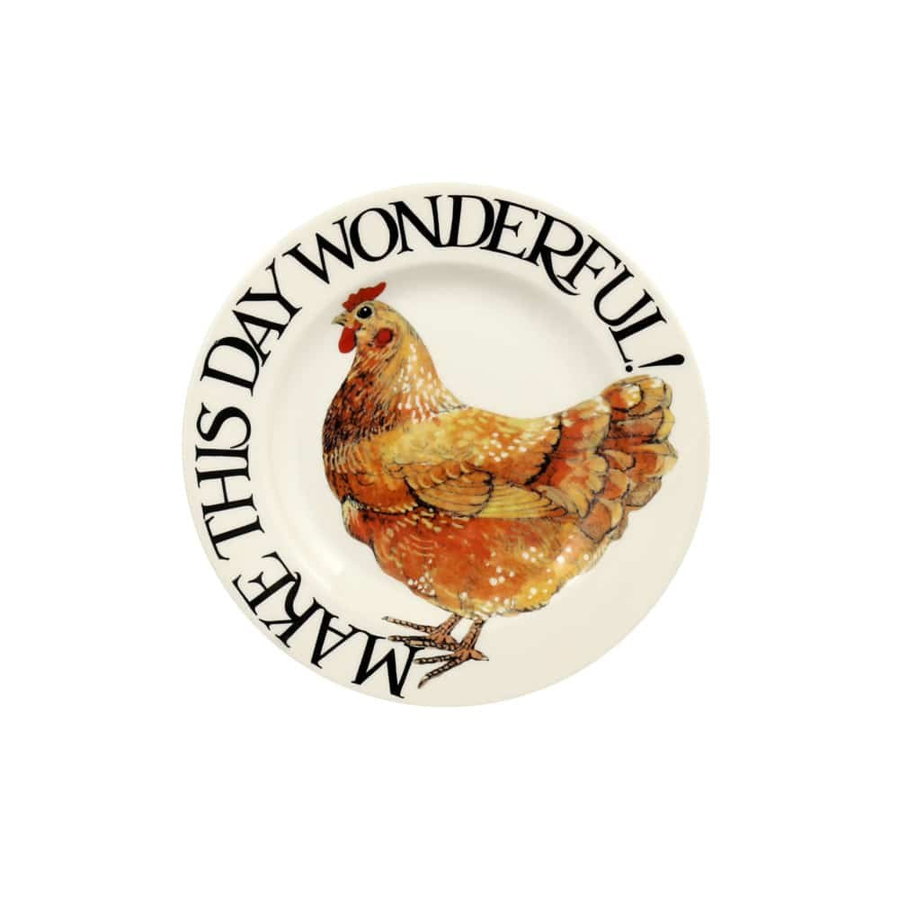Emma Bridgewater plate with a hen and Make This Day Wonderful lettering around the rim