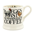 Emma Bridgewater half pint mug with a Rise & Shine Eggs, Toast, Newspapers & Coffee design and hens