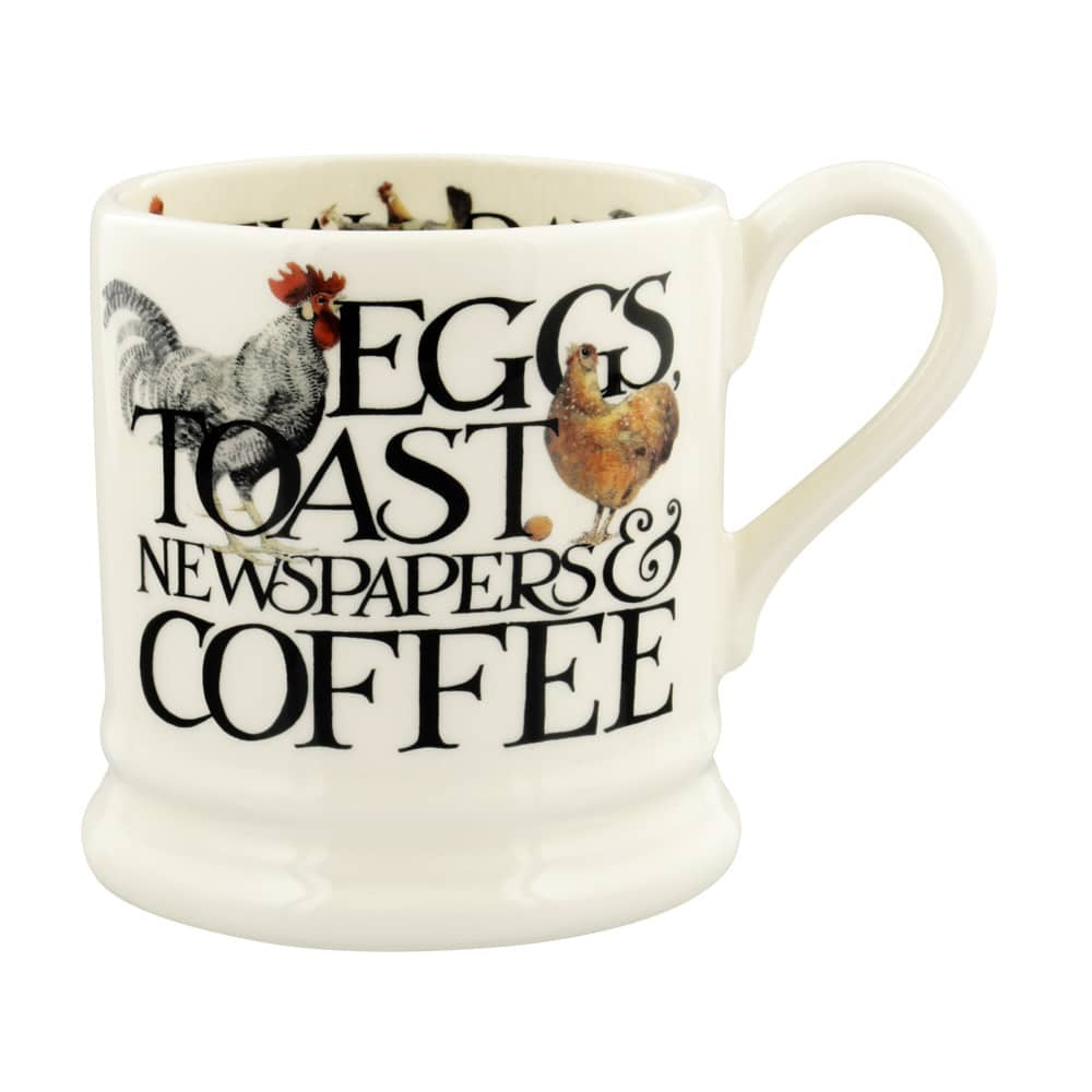 Emma Bridgewater half pint mug with a Rise & Shine Eggs, Toast, Newspapers & Coffee design and hens