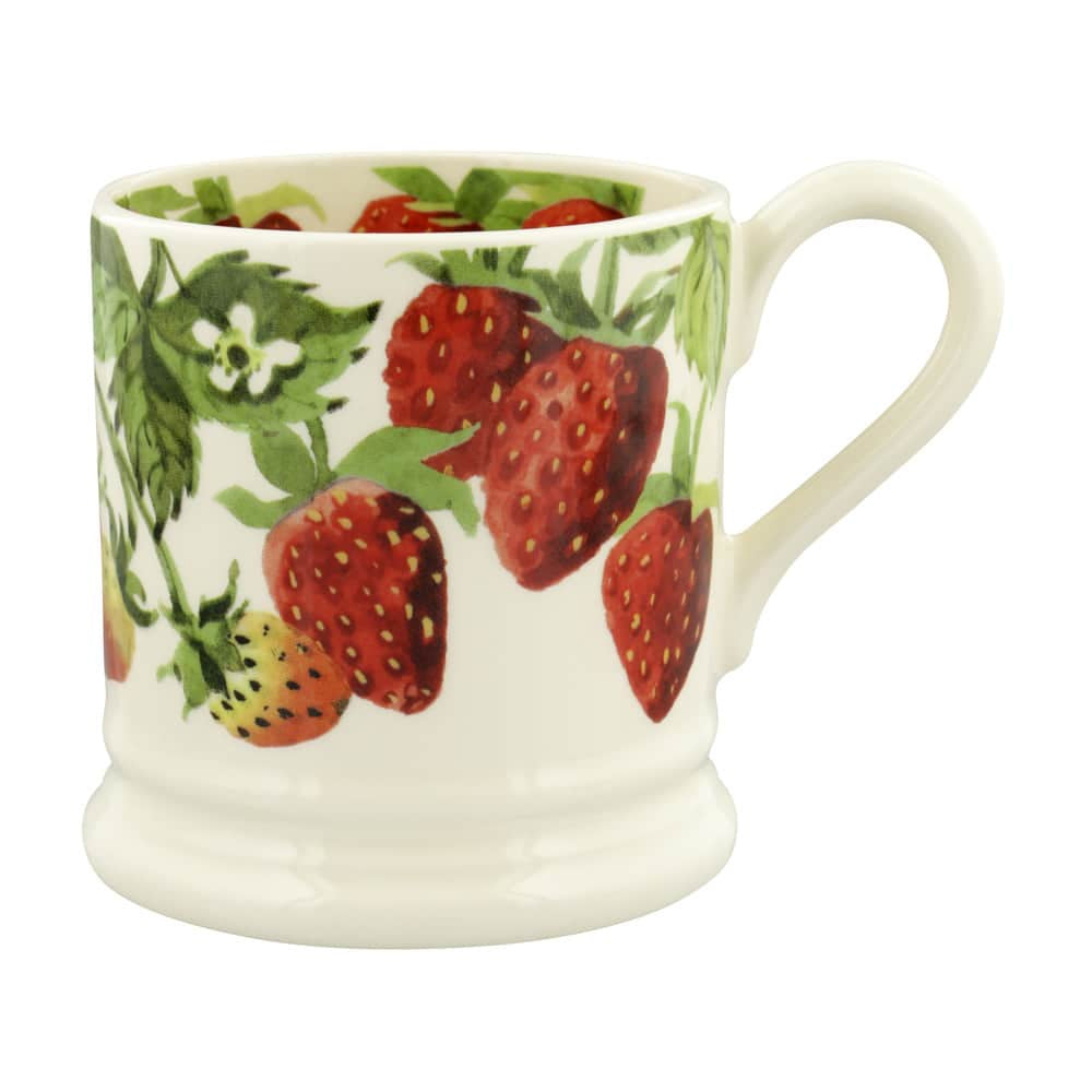 Emma Bridgewater half pint mug with a Strawberries design of red berries, white flowers and green leaves