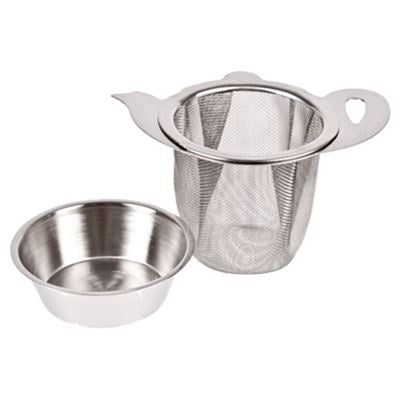 Teaology stainless steel tea infuser with a mesh basket shaped lid and a matching drip tray