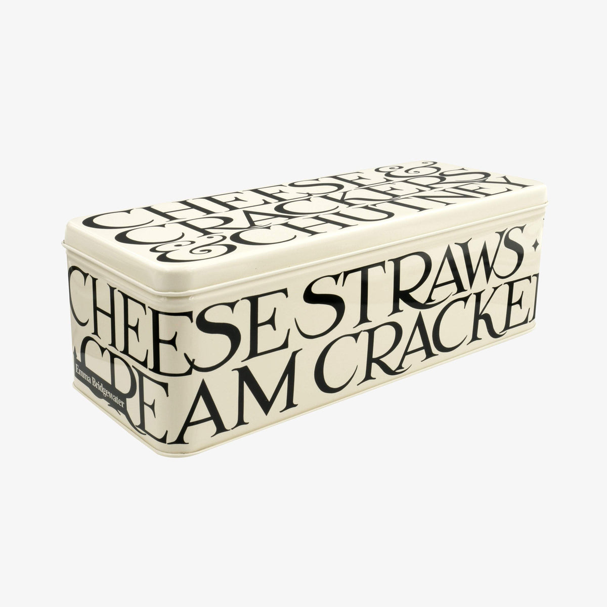 Emma Bridgewater Black Toast rectangular tin with cheese straws and cream crackers lettering
