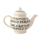 Emma Bridgewater Black Toast 4 mug teapot with black lettering listing tea varieties