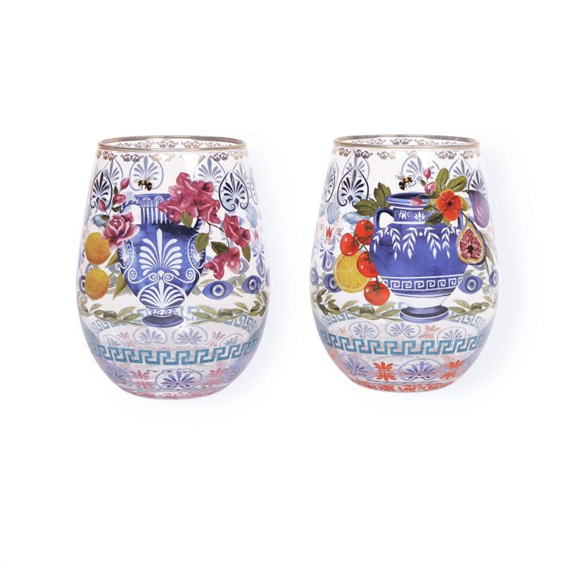 La La Land Je t'aime Paris glass tumblers, a pair with painted urn and floral designs