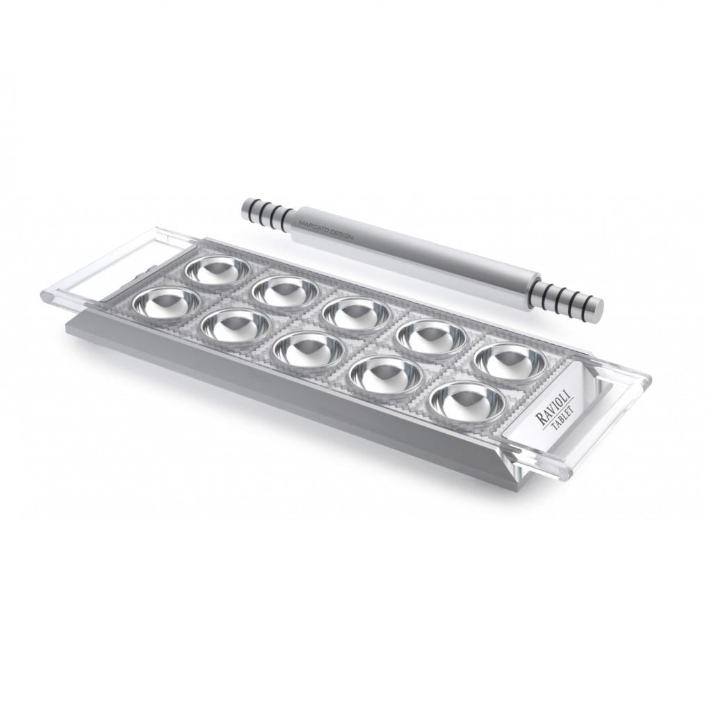 Marcato ravioli tablet with rolling pin in silver, a ten cavity mould with a textured roller