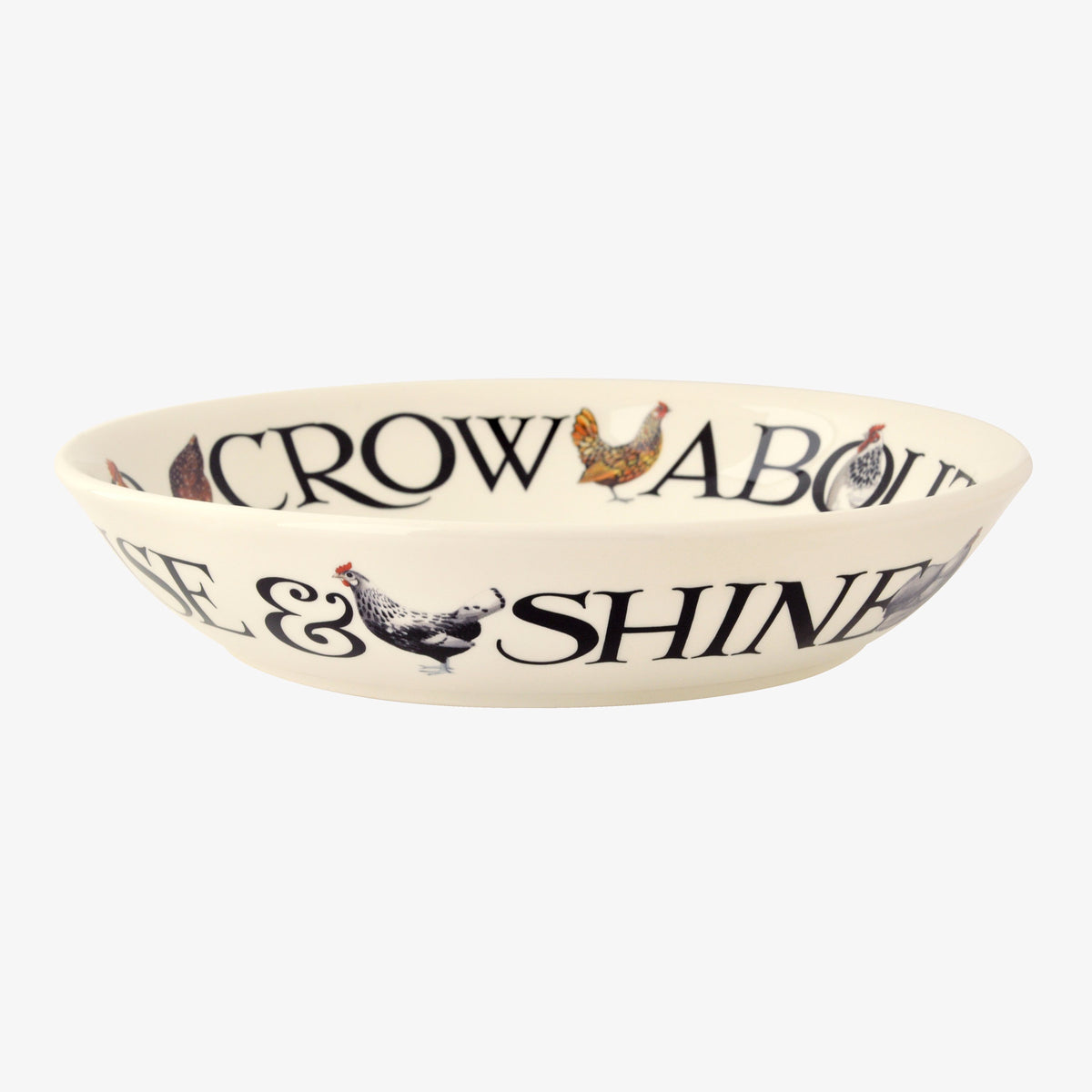 Emma Bridgewater pasta bowl with a Rise & Shine Crow About Something design of cockerels and lettering on the rim