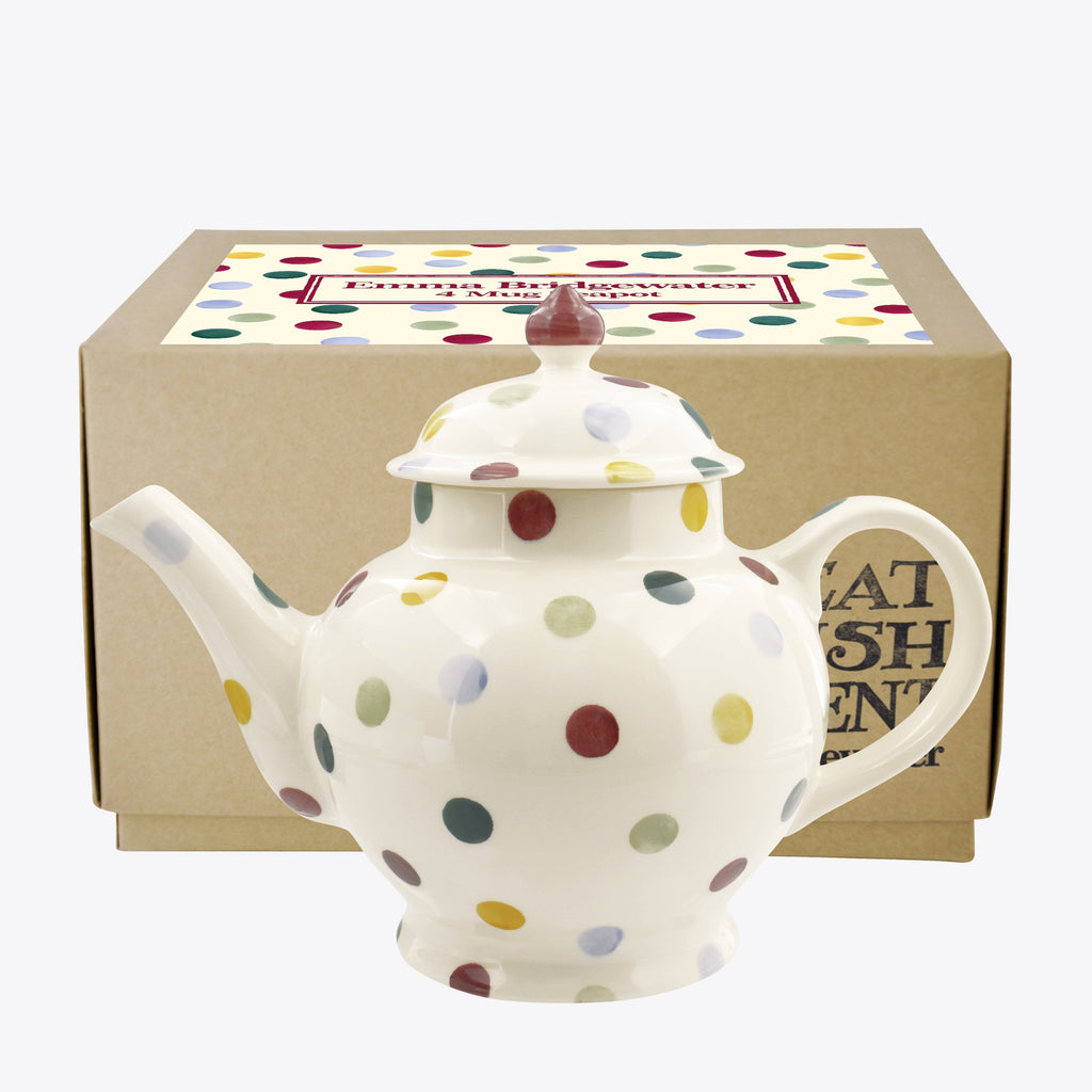 Emma Bridgewater Polka Dot 4 cup teapot with multicoloured spots, shown in its gift box