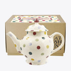 Emma Bridgewater Polka Dot 4 cup teapot with multicoloured spots, shown in its gift box