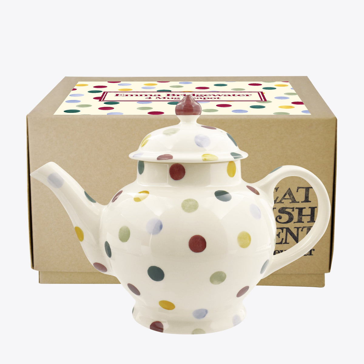 Emma Bridgewater Polka Dot 4 cup teapot with multicoloured spots, shown in its gift box