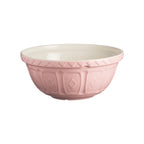 Mason Cash mixing bowl in powder pink with an embossed diamond pattern and a cream interior
