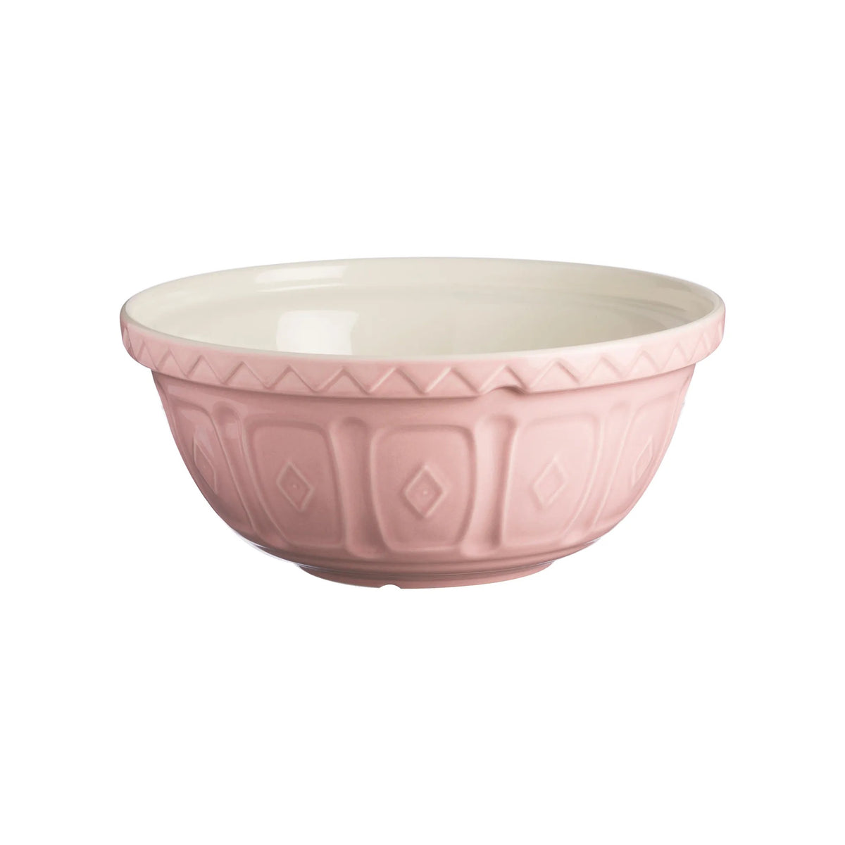 Mason Cash mixing bowl in powder pink with an embossed diamond pattern and a cream interior