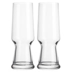 Luigi Bormioli Birrateque pilsner beer glasses, a pair of tall clear glasses with a curved base