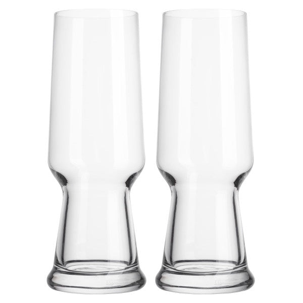 Luigi Bormioli Birrateque pilsner beer glasses, a pair of tall clear glasses with a curved base