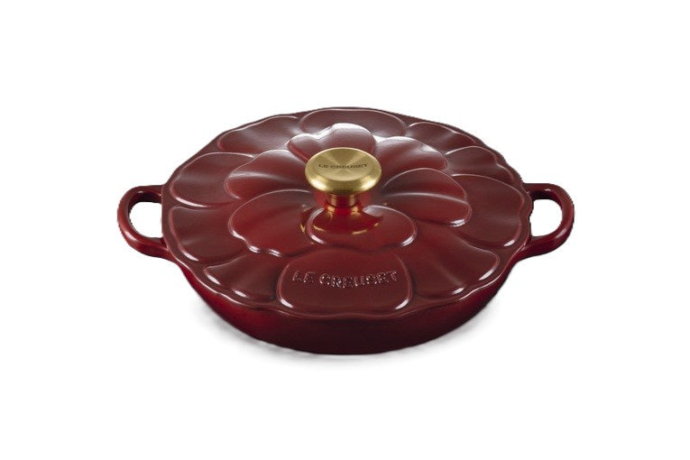 Le Creuset Petal shallow casserole, 26cm, in garnet with a fluted lid and two side handles