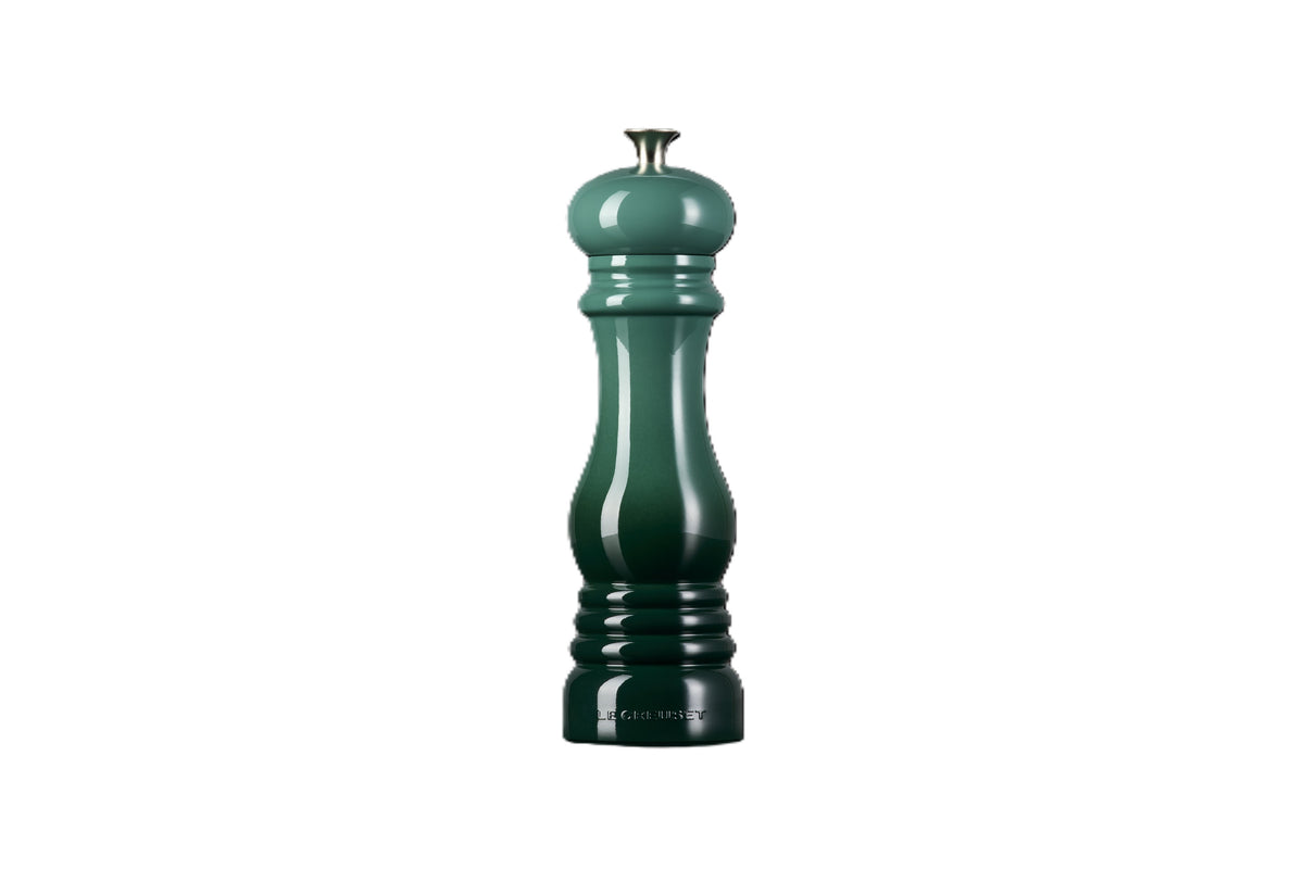 Le Creuset pepper mill in glossy dark green