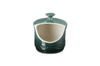 Le Creuset stoneware salt pig in green with a lid and a curved front opening