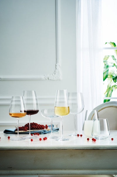 Luigi Bormioli Talismano wine glasses, 450ml, styled on a white dining table with other glassware